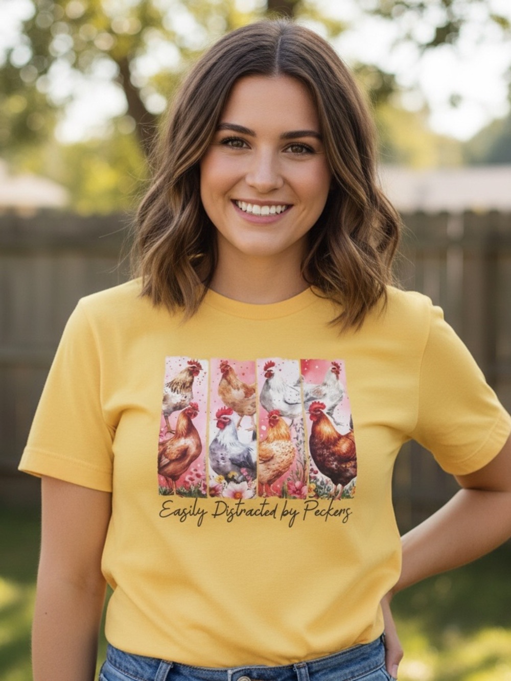 Gildan Yellow Graphic Tee with Colorful Chicken Panel